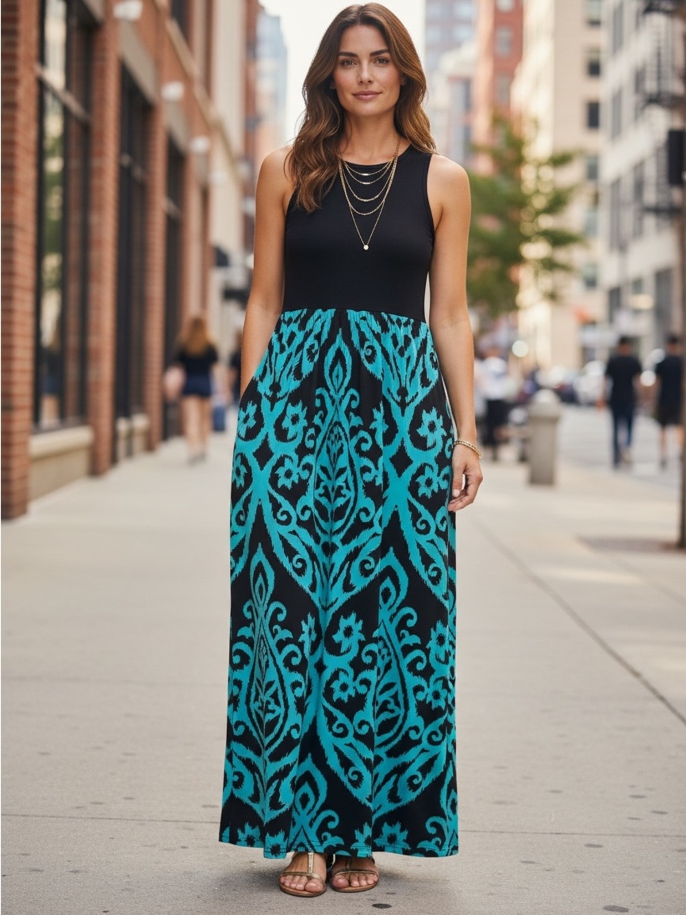 Grecerelle Black & Turquoise Ikat Print Sleeveless Maxi Dress Size XS